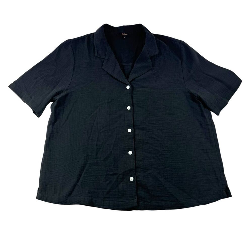Quince 100% Organic Cotton Gauze Short Sleeve Button Up M Black V-Neck Casual